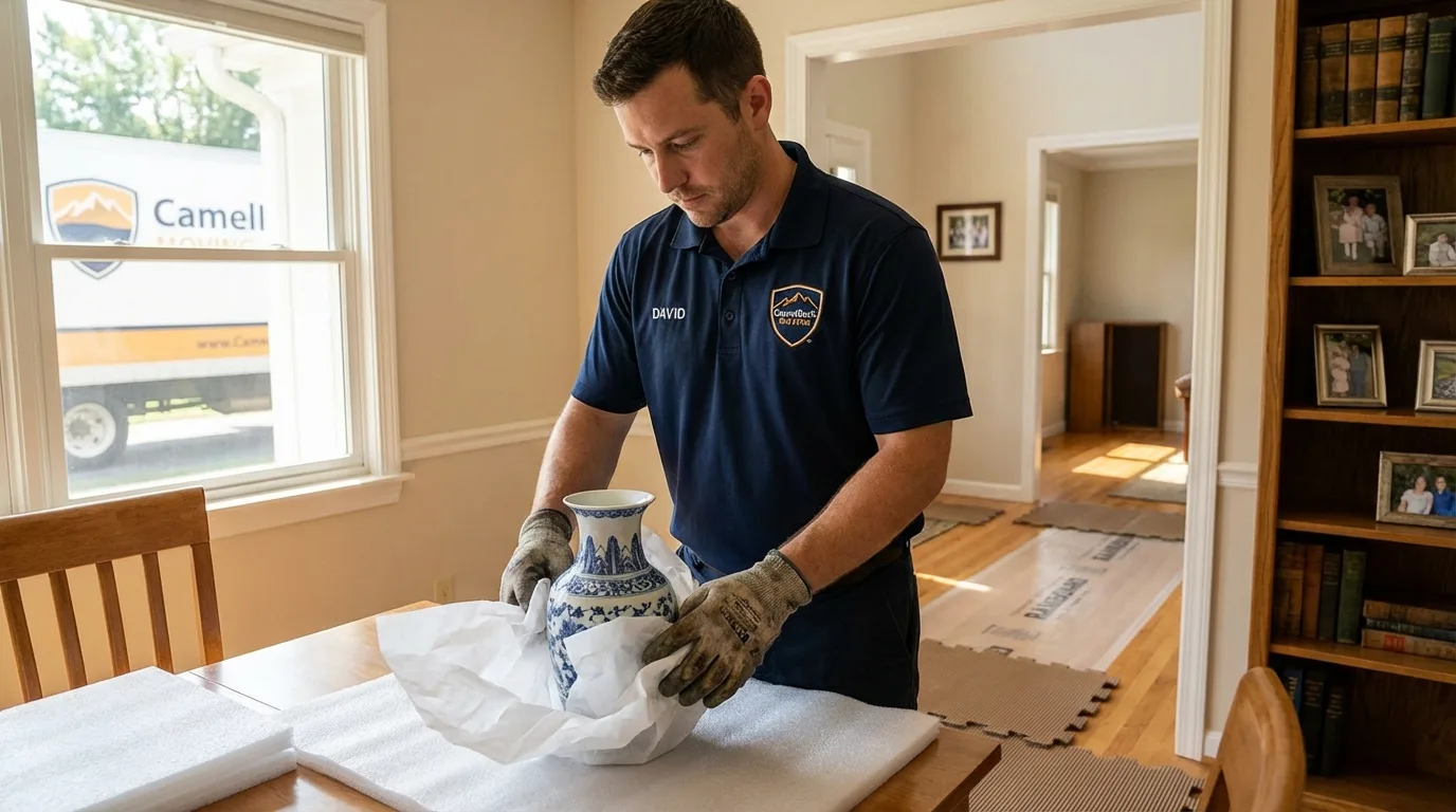 Professional crew carefully wrapping antique vase for senior downsizing move in Elkridge, MD